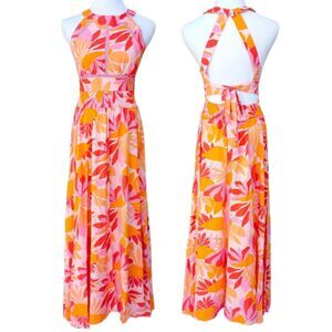 Anthropologie Abel The Label Halter Maxi Dress Womens Large Pink Floral Bohemian